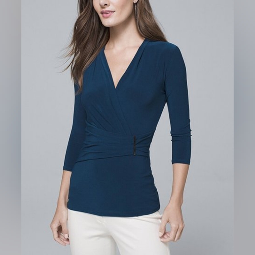 NWT White House Black Market 3 Quarter Sleeve River Teal Surplice Blouse Size M
